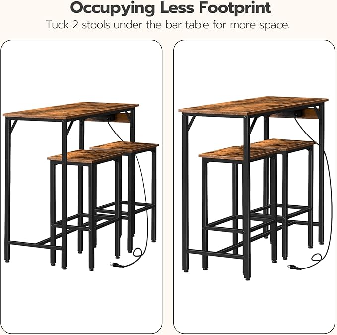 HOOBRO Bar Table Set with Power Outlet, 39.4“ Bar Table and Chairs Set, 3-Piece Pub Table Set for Small Space, Kitchen Bar Height Table with Stools of 2, Easy to Assemble, Rustic Brown BF45UBT01 - LeafyLoom