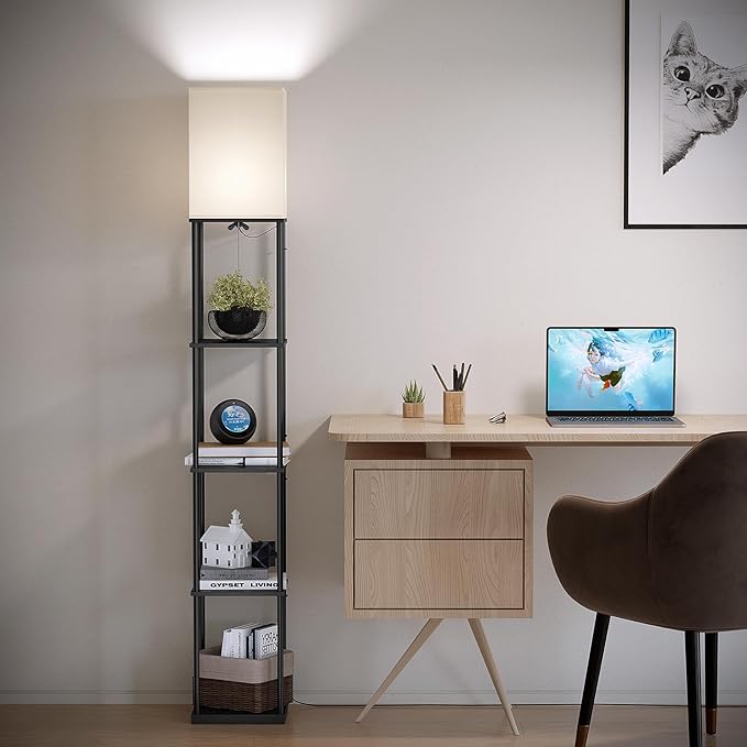 SUNMORY 5 Tier Floor Lamp with Shelves, Modern Square Standing Lamp with 3 Color Temperature Bulb, Corner Display Bookshelf Lamp for Living Room and Bedroom, Tall Shelf Floor Lamp - LeafyLoom