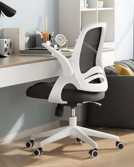 Hbada Office Chair with Flip-Up Armrests, Desk Chair with Saddle Cushion, Ergonomic Office Chair with S-Shaped Backrest, Comfy Mesh Chair for Home and Office, White - LeafyLoom