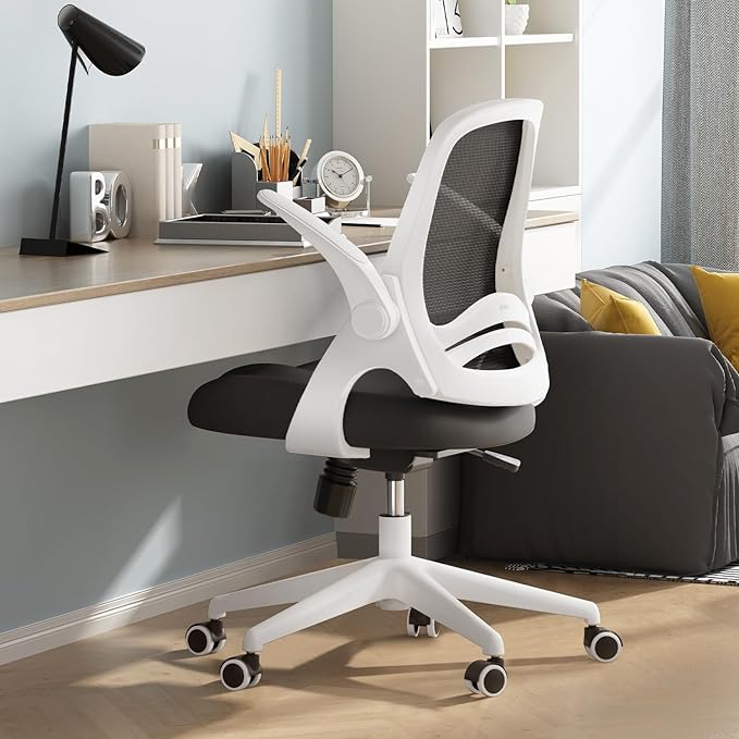 Hbada Office Chair with Flip-Up Armrests, Desk Chair with Saddle Cushion, Ergonomic Office Chair with S-Shaped Backrest, Comfy Mesh Chair for Home and Office, White - LeafyLoom