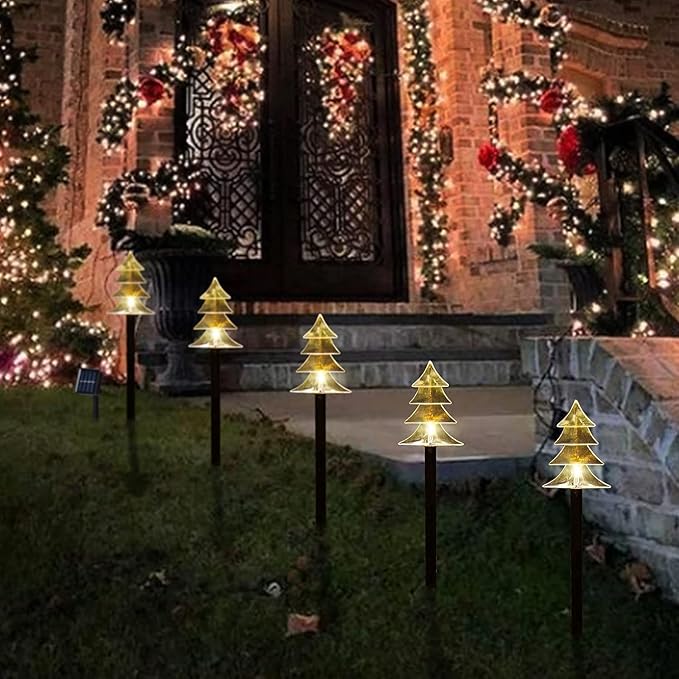 ILLUMINEW Christmas Solar Pathway Lights, Set of 5 Waterproof Landscape Christmas Lights, Stake Christmas Decorations, LED Lights for Yard Lawn Patio Walkway Decor (5PCS-Warm White-Tree) ILLUMINEW
