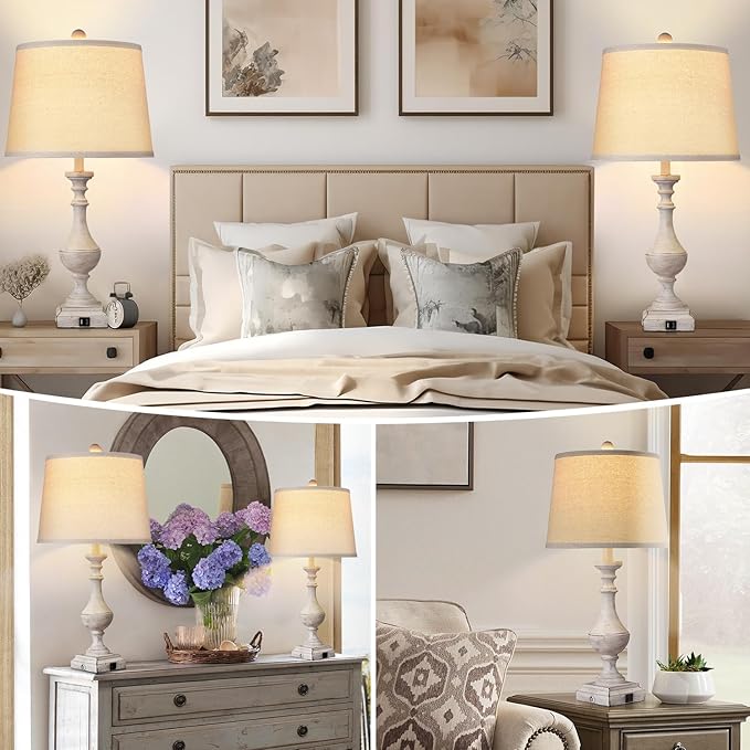 AKASUKI 27.5 Inch Farmhouse Table Lamps for Living Room Set of 2 with USB and Type-C Port, 3-Way Dimmable Table Lamps for Bedroom Vintage Rustic Bedside Lamps for bedrooms(2 Bulbs Included) - LeafyLoom