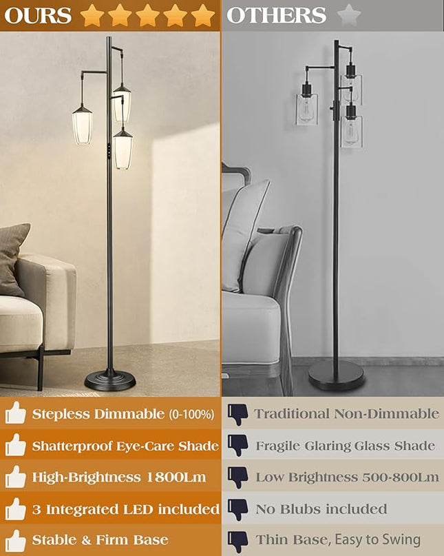 ELYONA Modern Dimmable Floor Lamp, 3-Light Standing Lamp with Remote & Touch Control, Stepless Adjustable 2200K-6500K Colors & Brightness 24W LED Reading Light for Bedroom Living Room Office, Black - LeafyLoom