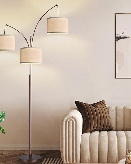 Dimmable Floor Lamp - 3 Lights Arc Floor Lamps for Living Room, 1000LM Modern Tall Standing Lamp With Beige Shades, Mid Century Tree Floor Lamp for Bedroom Office, 3 LED Bulbs Included - Brown - LeafyLoom