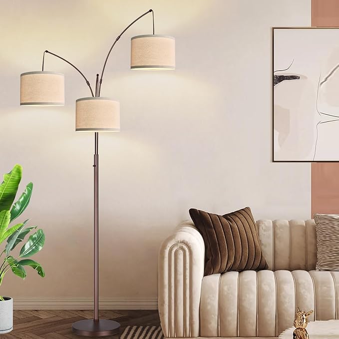 Dimmable Floor Lamp - 3 Lights Arc Floor Lamps for Living Room, 1000LM Modern Tall Standing Lamp With Beige Shades, Mid Century Tree Floor Lamp for Bedroom Office, 3 LED Bulbs Included - Brown - LeafyLoom
