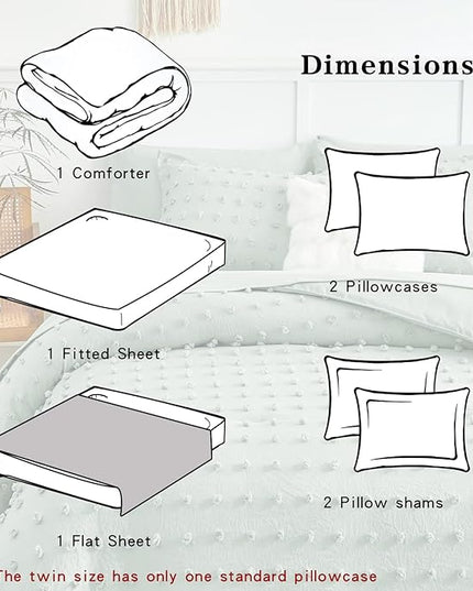 7 Pieces Tufted Dots Bed in a Bag King Comforter Set with Sheets Green , Soft and Embroidery Shabby Chic Boho Comforters, Solid Color with Pom Pom Design, Jacquard Tufts Bedding Set for All Season - LeafyLoom