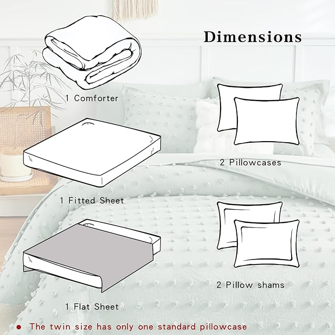 7 Pieces Tufted Dots Bed in a Bag King Comforter Set with Sheets Green , Soft and Embroidery Shabby Chic Boho Comforters, Solid Color with Pom Pom Design, Jacquard Tufts Bedding Set for All Season - LeafyLoom