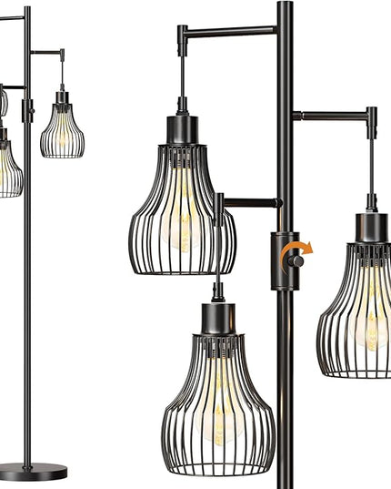 Dimmable Floor Lamp, 3 x 800LM LED Edison Bulbs Included, Farmhouse Industrial Floor Lamp Standing Tree Lamp with Elegant Cage Tall Lamps for Living Room Bedroom Office - Black - LeafyLoom