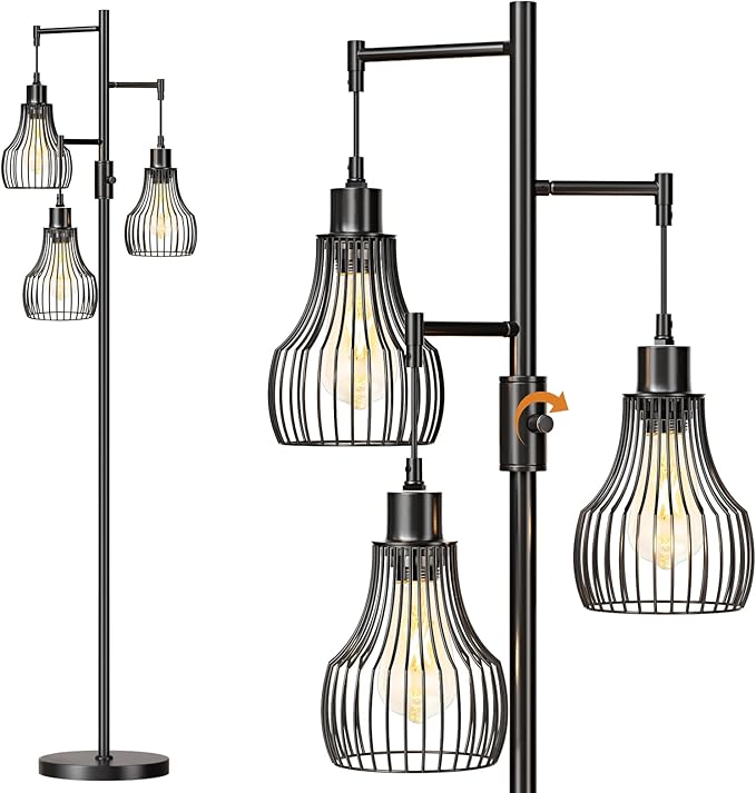 Dimmable Floor Lamp, 3 x 800LM LED Edison Bulbs Included, Farmhouse Industrial Floor Lamp Standing Tree Lamp with Elegant Cage Tall Lamps for Living Room Bedroom Office - Black - LeafyLoom