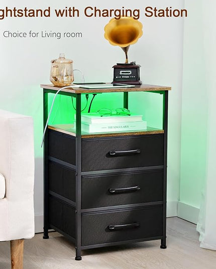 Nightstands Set of 2, Large End Tables Living Room, Bed Side Tables with Charging Station, 24.7" Tall Night Stand with 3 Fabric Drawers and LED Light Strip for Bedroom HNS013BR - LeafyLoom