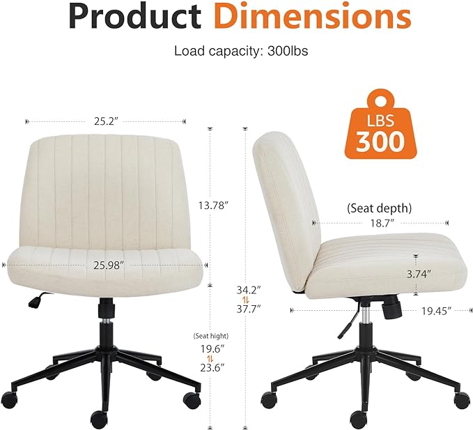 Sweetcrispy Criss Cross Office Chair with Wheels, Wide Armless Home Office Desk Chair with Dual-Purpose Base, Swivel Adjustable Fabric Task Vanity Computer Chair, Beige - LeafyLoom