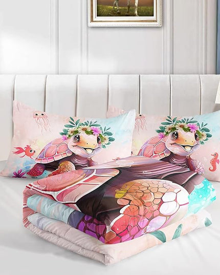CVHOUSE Kawaii Sea Turtle Comforter Set Twin Size,Ocean Theme Bedding Set for Girls Kids,Tie Die Turtle Quilt Set Ocean Turtle Duvet Set Ocean Decor 3 Pieces - LeafyLoom