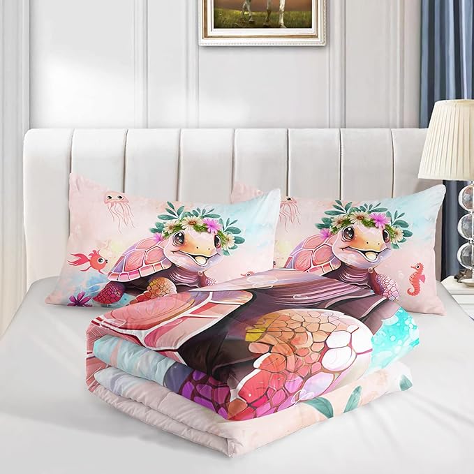 CVHOUSE Kawaii Sea Turtle Comforter Set Full Size,Ocean Theme Bedding Set for Girls Kids,Tie Die Turtle Quilt Set Ocean Turtle Duvet Set Ocean Decor 3 Pieces - LeafyLoom