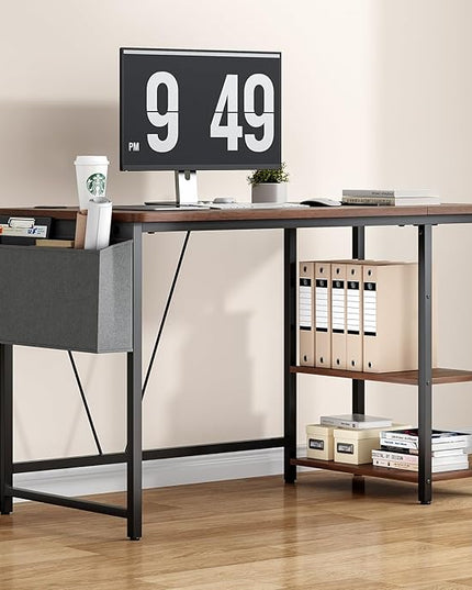 Computer Desk, 47.2” Home Office Desks, Modern Small Desk for Bedroom, Gaming Desk with Iron Hook and Height Adjustable Feet, Sturdy Student Writing Desk with Storage Bag, Storage Shelves - LeafyLoom