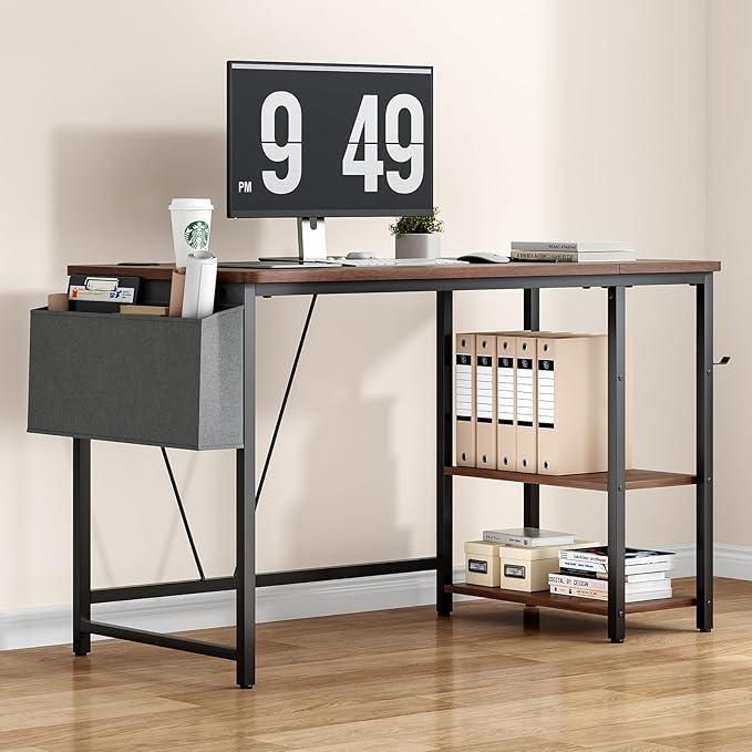 Computer Desk, 47.2” Home Office Desks, Modern Small Desk for Bedroom, Gaming Desk with Iron Hook and Height Adjustable Feet, Sturdy Student Writing Desk with Storage Bag, Storage Shelves - LeafyLoom