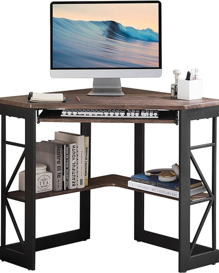 VECELO Corner Computer Desk 42 x 30 inches with Smooth Keyboard & Storage Shelves for Home Office Workstation, Rustic Brown - LeafyLoom