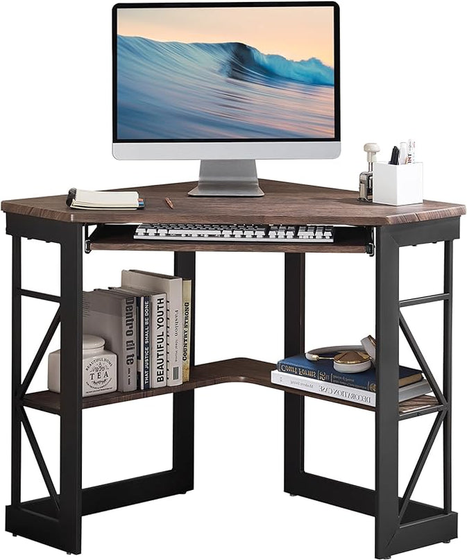 VECELO Corner Computer Desk 42 x 30 inches with Smooth Keyboard & Storage Shelves for Home Office Workstation, Rustic Brown - LeafyLoom