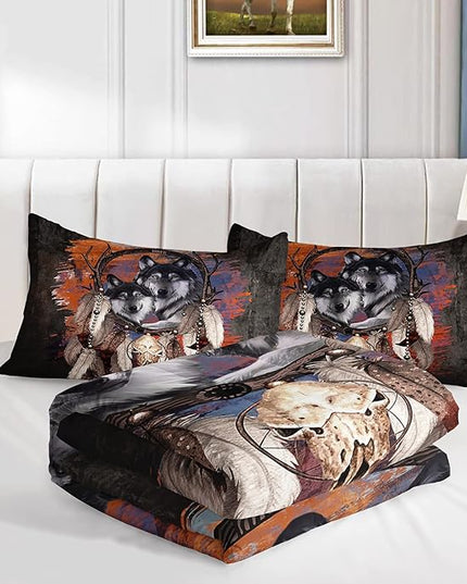 Wolf Dream Catcher Comforter Set for Kids Teens Girls Retro Modern Wildlife Animal Comforter Tie Dye Wolf Bedding Set for Kids Teens Room Decor - LeafyLoom
