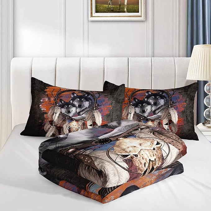 Wolf Dream Catcher Comforter Set for Kids Teens Girls Retro Modern Wildlife Animal Comforter Tie Dye Wolf Bedding Set for Kids Teens Room Decor - LeafyLoom