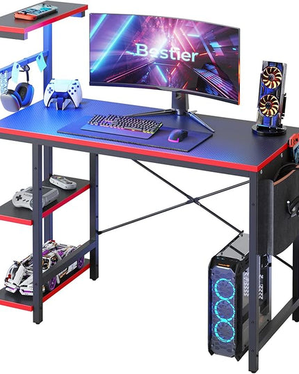 Bestier Gaming Desk with LED Lights, 44 Inch PC Gamer Desk for Small Spaces, Computer Desk with Reversible Storage Shelves & Side Storage Bag (Black 3D Carbon Fiber) - LeafyLoom