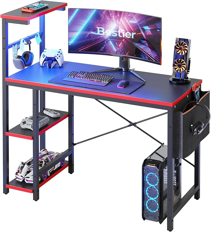 Bestier Gaming Desk with LED Lights, 44 Inch PC Gamer Desk for Small Spaces, Computer Desk with Reversible Storage Shelves & Side Storage Bag (Black 3D Carbon Fiber) - LeafyLoom
