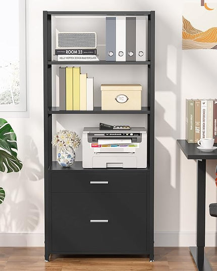 Tribesigns Bookcase Bookshelf, 4-Tier Modern File Cabinet with 2 Drawers, Lateral Filing Cabinet accommodate Legal/Letter / A4 Size for Home Office Organizer - LeafyLoom