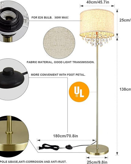 DLLT LED Floor Lamp for Living Room, Crystal Elegant Reading Standing Light for Kids Bedroom, Suit Mid Century, Modern & Farmhouse Rooms, Tall Pole with Fabric Drum Shade, Brass, E26 Warm Light - LeafyLoom