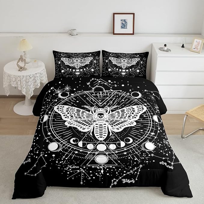 Kids Boho Moth Comforter Set King Boys Gothic Skull Bedding Set for Men Women Bedroom Decor Bohemian Moon Starry Sky Comforter Exotic Moth Skull Skeleton Bones Duvet Set Teens Quilt Set, Black White - LeafyLoom