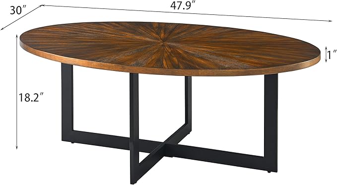 Solid Wood Oval Coffee Table with Cross Metal Legs, 47.9" Industrail Bar Cocktail Table for Living Room Kitchen Office Sofa Table Bristro Table for Cafe/Bar Rustic Brown - LeafyLoom