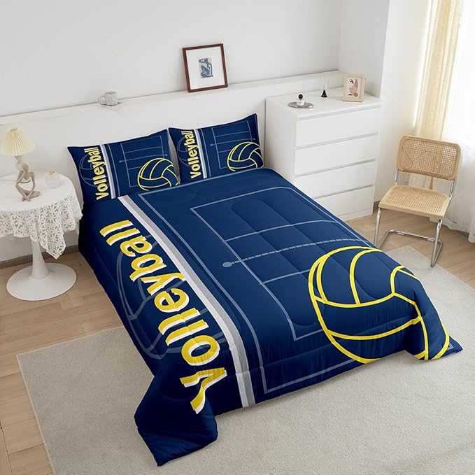 Feelyou Volleyball Bedding Set King Size Sports Game Comforter Set for Kids Boys Girls Decor Volleyball Player Comforter Microfiber Blue Yellow Duvet Set Bedroom Quilt Set - LeafyLoom