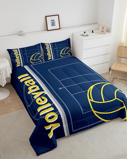 Feelyou Volleyball Bedding Set Queen Size Sports Game Comforter Set for Kids Boys Girls Decor Volleyball Player Comforter Microfiber Blue Yellow Duvet Set Bedroom Quilt Set - LeafyLoom