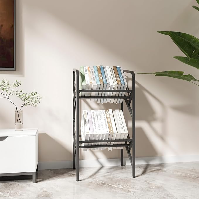 Bookshelf Storage Shelf Bookcase Freestanding Storage Stand Book Organizer for Living Room, Bedroom, Kitchen, Rust Resistance,Easy Assembly Multi-Functional Organizer (2 Tiers, Black) - LeafyLoom