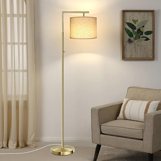 Dimmable Floor Lamp, 4-Color Temperature Modern Standing Lamp with Remote Control & Beige Shade, Tall Pole Floor Lamp for Living Room, Bedroom, Study Room, Office (LED Bulb Included) - Gold - LeafyLoom