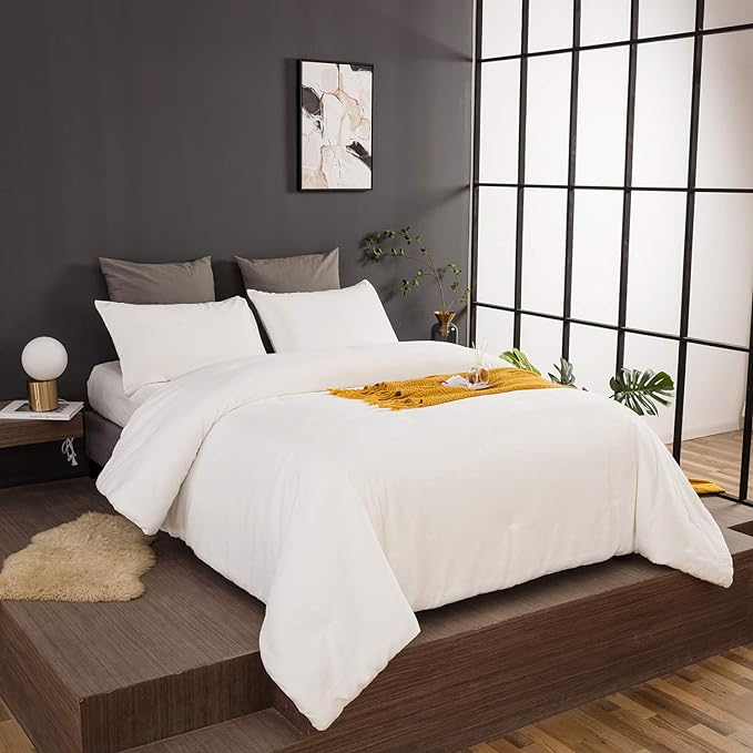 Wellboo White Fluffy Comforter Set Queen Solid White Velvet Bedding Set for Women Men White Flannel Plush Blankets Lightweight All White Fluzzy Quilt Soft White Micromink Sherpa Shaggy Comforters - LeafyLoom