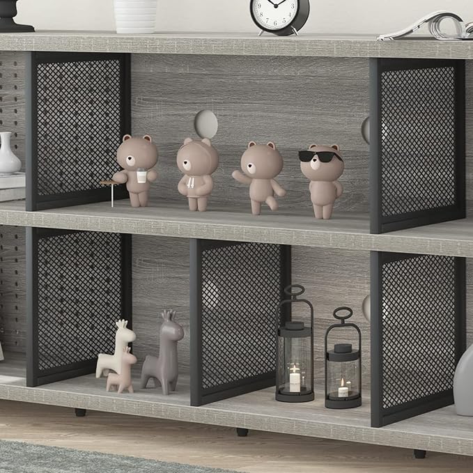 LVB Industrial 4 5 6 7 8 Cube Bookcase, Rustic Wood Metal Horizontal Bookshelf, Modern Wide Cube Organizer Storage Shelf, Large Long Low Book Shelf for Office Bedroom Living Room, Light Grey Oak 63 In - LeafyLoom