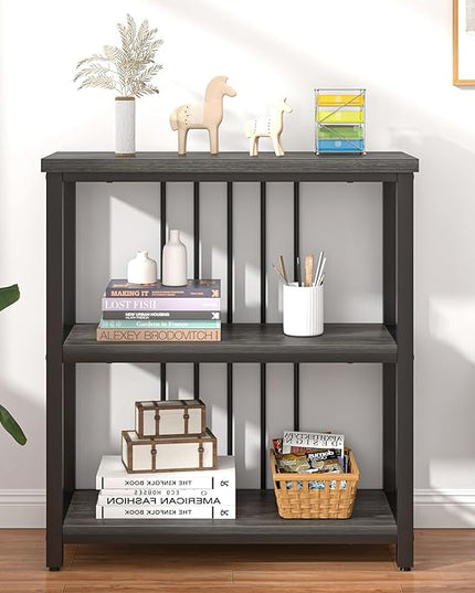 FOLUBAN 3 Tier Book Shelf, Modern Short Bookshelf for Small Space, Industrial Wood and Metal Bookcase for Bedroom, Living Room, Office (Dark Gray Oak) - LeafyLoom