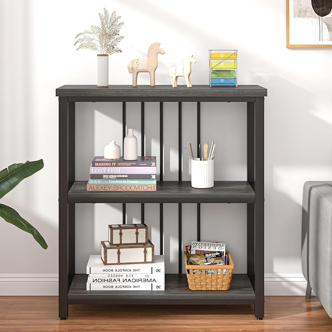 FOLUBAN 3 Tier Book Shelf, Modern Short Bookshelf for Small Space, Industrial Wood and Metal Bookcase for Bedroom, Living Room, Office (Dark Gray Oak) - LeafyLoom