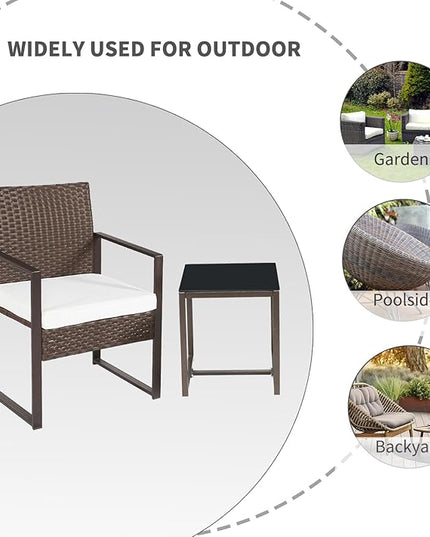 3 Pieces Patio Furniture Set Outdoor Wicker Bistro set Rattan Chair Conversation Sets with Coffee Table for Porch, Balcony,Garden,Backyard and Removable Cushions Beige - LeafyLoom