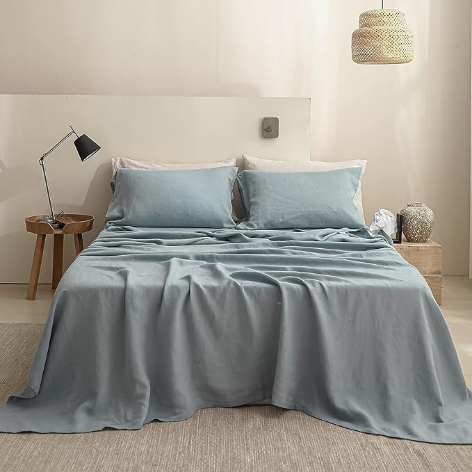 Simple&Opulence 100% Linen Sheet Set Solid Color-4 Pcs Washed French Linen Bed Sheets(1 Flat Sheet,1 Fitted Sheet,2 Pillowcases)-Breathable Bedding Set (Dusty Blue, King) - LeafyLoom