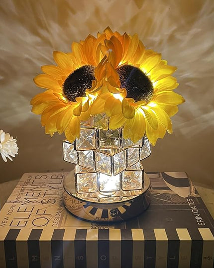 Sunflowers Lamp Touch Lam Artificial LED Sunflower Flowers with Glass Vase Table Lamp Night Light for Home Office Decor House Decorations Gift Idea - Rechargeable (Crystal Magic Cube Sunflower) - LeafyLoom