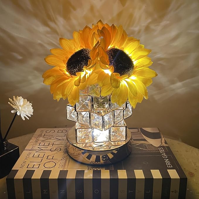 Sunflowers Lamp Touch Lam Artificial LED Sunflower Flowers with Glass Vase Table Lamp Night Light for Home Office Decor House Decorations Gift Idea - Rechargeable (Crystal Magic Cube Sunflower) - LeafyLoom
