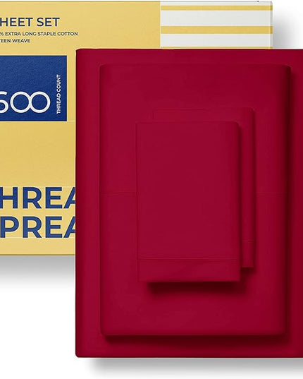 THREAD SPREAD 100% Egyptian Cotton Sheets California King Size - 600 Thread Count 4 PC Luxury Sheets Cal King Size, Soft, Cooling Hotel Luxury Bed Sheets & Pillowcases, Fits Mattress upto 18" - Red - LeafyLoom
