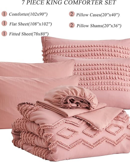 KAKIJUMN Blush Pink Tufted Comforter Set King Size 7 Piece Bed in a Bag, Shabby Chic Boho Comforter and Sheet Set, All Season Soft Microfiber Complete Bedding Set(Pink,King) - LeafyLoom