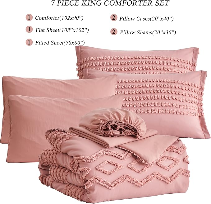 KAKIJUMN Blush Pink Tufted Comforter Set King Size 7 Piece Bed in a Bag, Shabby Chic Boho Comforter and Sheet Set, All Season Soft Microfiber Complete Bedding Set(Pink,King) - LeafyLoom