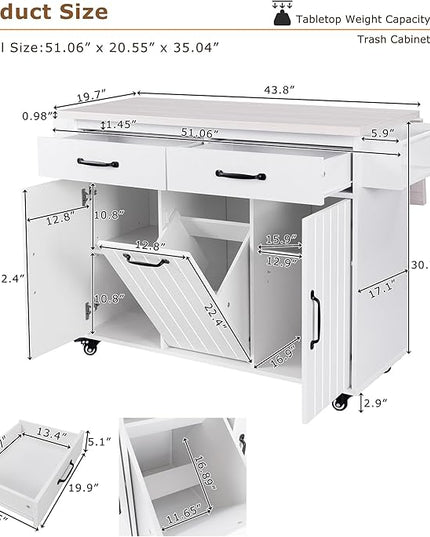 51.06 Inch Rolling Kitchen Cart with Trash Can Storage Cabinet & Drop Leaf, Portable Mobile Islands Table w/Adjustable Shelf, Spice, Towel Rack and Drawers, for Dining Room, White - LeafyLoom
