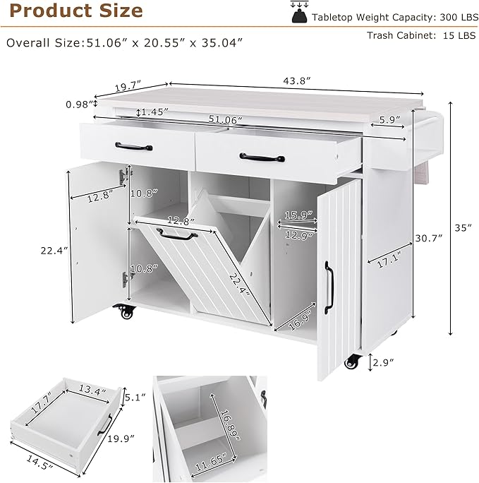 51.06 Inch Rolling Kitchen Cart with Trash Can Storage Cabinet & Drop Leaf, Portable Mobile Islands Table w/Adjustable Shelf, Spice, Towel Rack and Drawers, for Dining Room, White - LeafyLoom