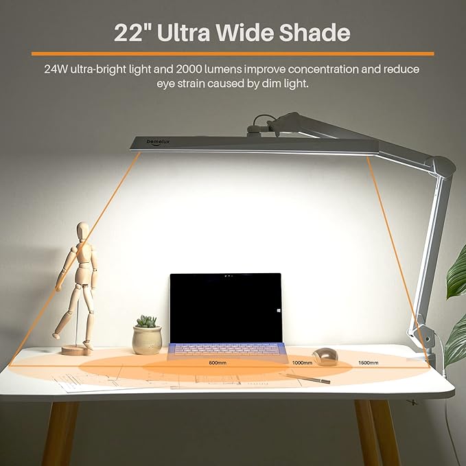 LED Architect Desk Lamp with Clamp, Metal Swing Arm 2000 Lumens Dimming Office Table Lamp for Task Work Drafting Reading Desktop, 234PCS Bright LEDs, 24W, 5 Color Temperatures Workbench Lamp - LeafyLoom