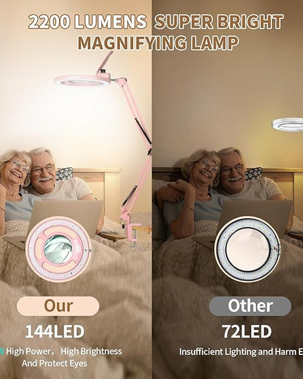 HITTI 2200 Lumens 10X Magnifying Glass with Light and Stand, 24W Super Bright Esthetician Light Magnifier, Stepless Dimmable Hands Free Magnfiying Lamp for Workbench Craft Painting Nail Hobby - Pink - LeafyLoom