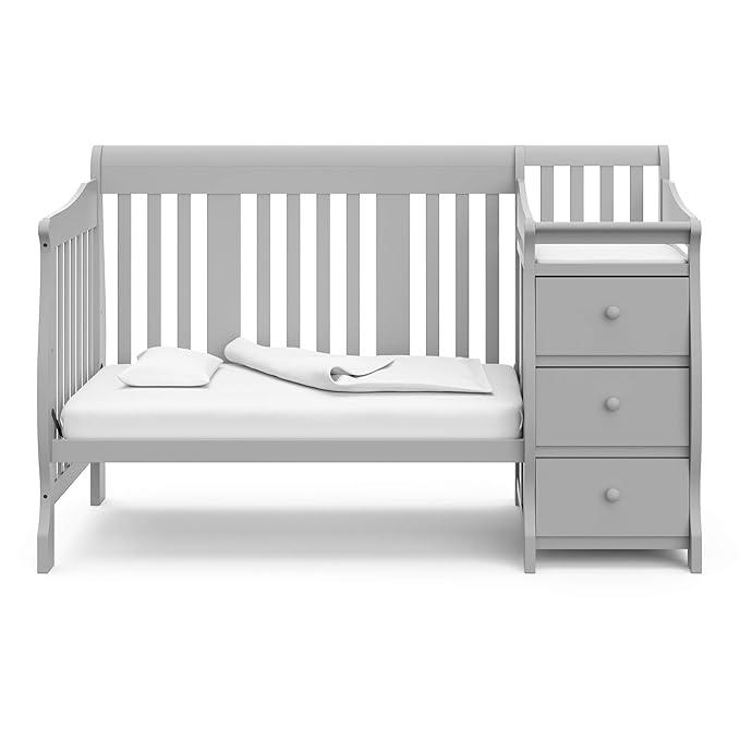 Storkcraft Portofino 5-in-1 Convertible Crib and Changer Combo (Pebble Gray) – Changing-Table with Storage Drawer, Converts to Toddler Full-Size Bed, Daybed - LeafyLoom