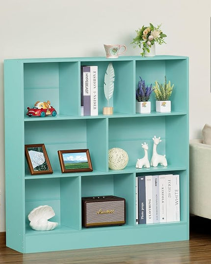 LEYAOYAO 8 Cube Bookshelf with Base,3 Tier Modern Mint-Green Kids Bookcase,Standing Wide Bookshelves Storage Organizer Toy Shelf,Wood Display Children's Book Shelves for Bedroom,Living Room,Nursery - LeafyLoom